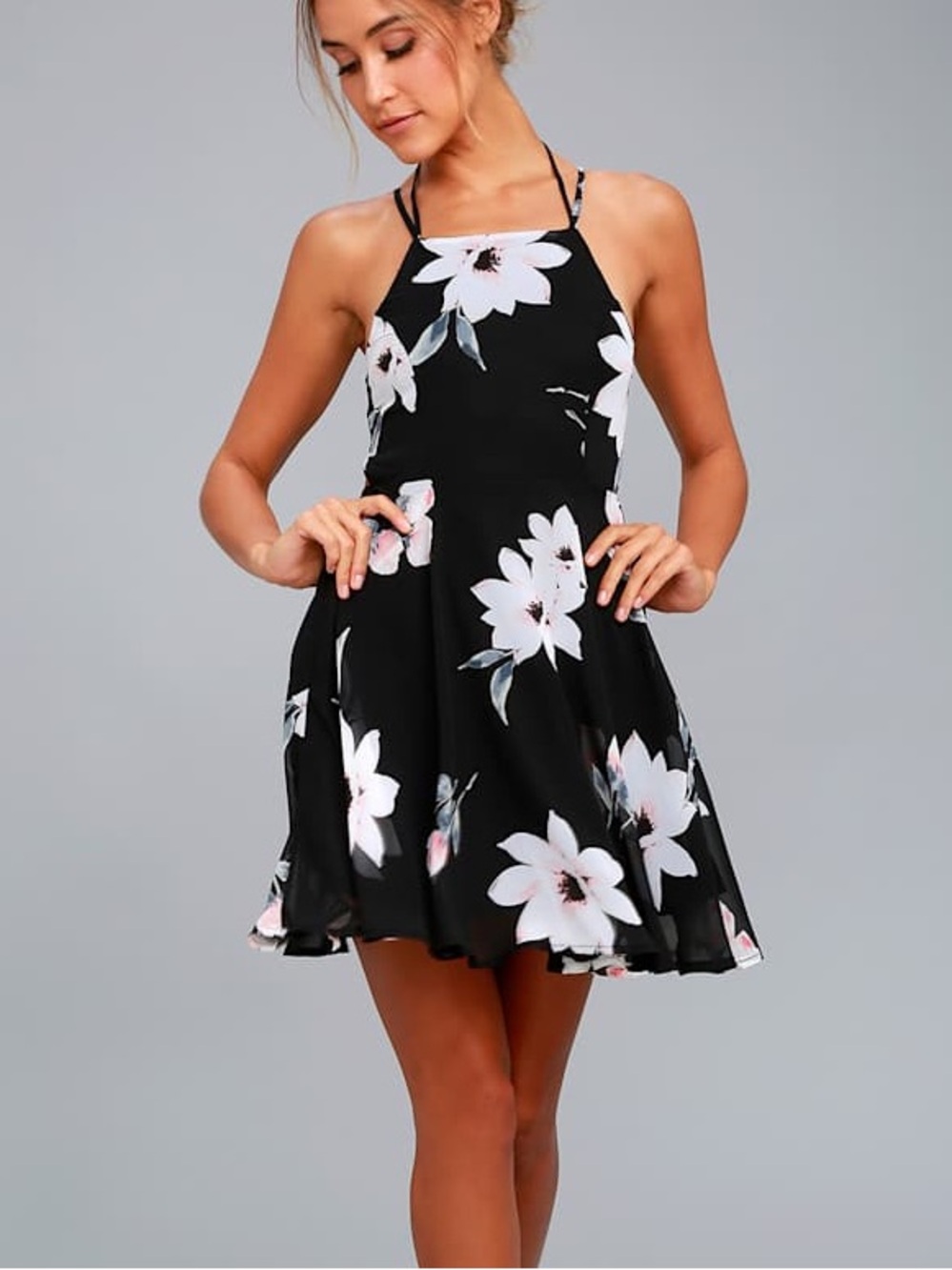 Lulus Happy Together Black Floral Lace-Up Back Skater Dress Open Back Mini
